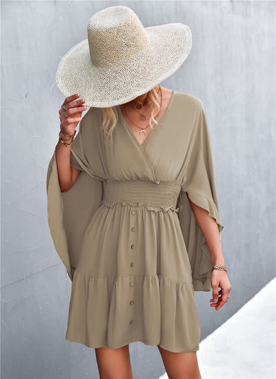 Decorative Button Smocked Waist Surplice Dress - SHE BADDY© ONLINE WOMEN FASHION & CLOTHING STORE
