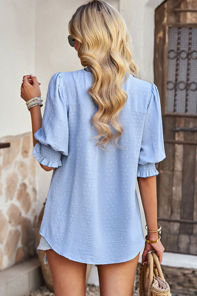 Textured Notched Neck Puff Sleeve Blouse - SHE BADDY© ONLINE WOMEN FASHION & CLOTHING STORE