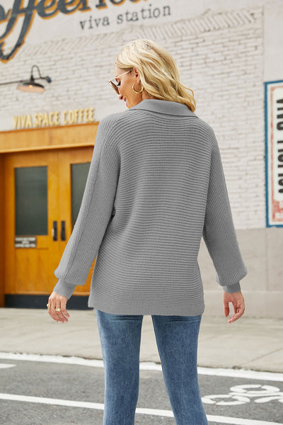 Horizontal Ribbing Johnny Collar Sweater - SHE BADDY© ONLINE WOMEN FASHION & CLOTHING STORE