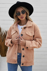 Button Front Drop Shoulder Collared Sherpa Jacket - SHE BADDY© ONLINE WOMEN FASHION & CLOTHING STORE