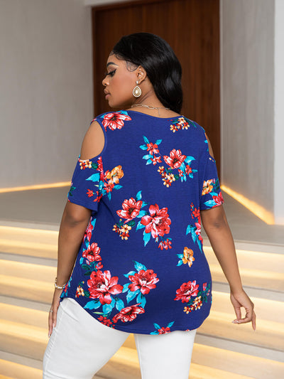 Plus Size Cold-Shoulder Round Neck Curved Hem Tee - SHE BADDY© ONLINE WOMEN FASHION & CLOTHING STORE