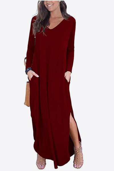 Split Long Sleeve V-Neck Maxi Dress - SHE BADDY© ONLINE WOMEN FASHION & CLOTHING STORE
