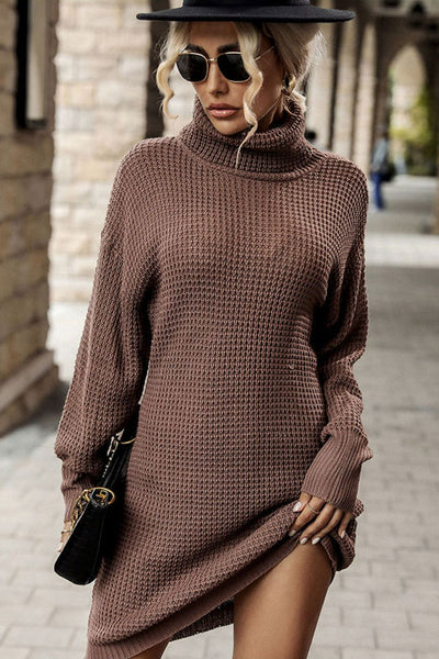 Turtleneck Dropped Shoulder Mini Sweater Dress - SHE BADDY© ONLINE WOMEN FASHION & CLOTHING STORE