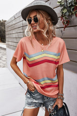 Multicolored Chevron Stripe Round Neck Side Slit T-Shirt - SHE BADDY© ONLINE WOMEN FASHION & CLOTHING STORE