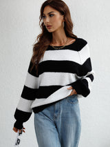 Striped Raglan Sleeve Ribbed Trim Knit Top - SHE BADDY© ONLINE WOMEN FASHION & CLOTHING STORE