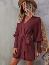 Belted Surplice Lantern Sleeve Wrap Sweater Dress - SHE BADDY© ONLINE WOMEN FASHION & CLOTHING STORE