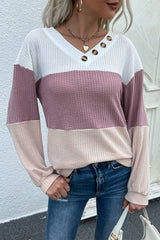 Color Block Waffle Knit Button Detail Top - SHE BADDY© ONLINE WOMEN FASHION & CLOTHING STORE