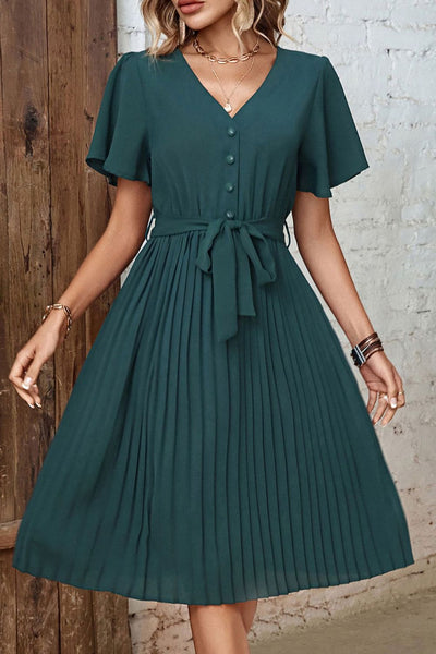 Buttoned V-Neck Flutter Sleeve Pleated Dress - SHE BADDY© ONLINE WOMEN FASHION & CLOTHING STORE
