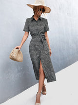 Printed Tie Waist Short Sleeve Shirt Dress - SHE BADDY© ONLINE WOMEN FASHION & CLOTHING STORE