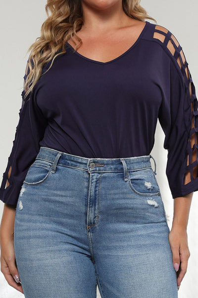 Plus Size Cutout Three-Quarter Sleeve Blouse - SHE BADDY© ONLINE WOMEN FASHION & CLOTHING STORE