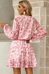 Floral Frill Trim Puff Sleeve Notched Neck Dress - SHE BADDY© ONLINE WOMEN FASHION & CLOTHING STORE