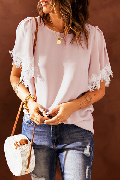 Lace Trim Flutter Sleeve Blouse - SHE BADDY© ONLINE WOMEN FASHION & CLOTHING STORE