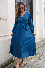 Pleated Long Sleeve Surplice Maxi Dress - SHE BADDY© ONLINE WOMEN FASHION & CLOTHING STORE
