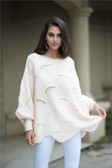 Openwork Boat Neck Sweater with Scalloped Hem - SHE BADDY© ONLINE WOMEN FASHION & CLOTHING STORE