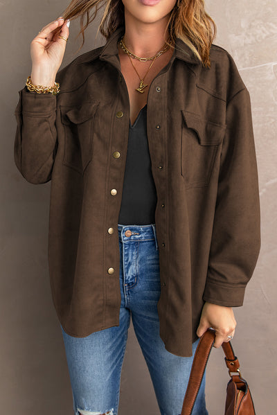Suede Snap Front Dropped Shoulder Jacket - SHE BADDY© ONLINE WOMEN FASHION & CLOTHING STORE