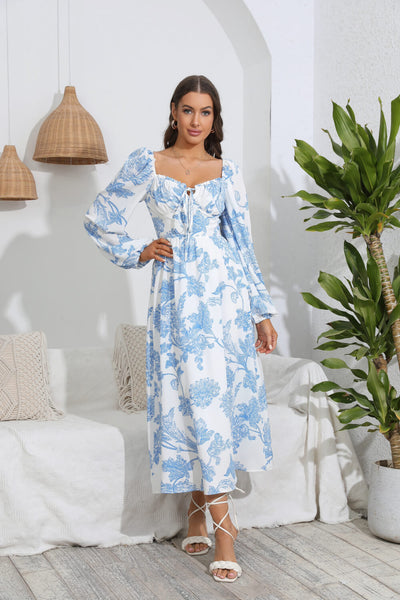 Floral Tie Front Sweetheart Neck Midi Dress - SHE BADDY© ONLINE WOMEN FASHION & CLOTHING STORE