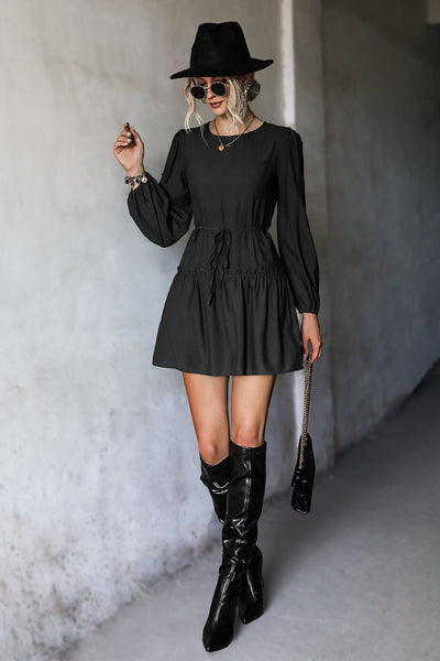Frill Trim Tie Waist Puff Sleeve Mini Dress - SHE BADDY© ONLINE WOMEN FASHION & CLOTHING STORE