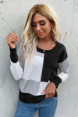 Color Block Ribbed Trim Round Neck Knit Pullover - SHE BADDY© ONLINE WOMEN FASHION & CLOTHING STORE