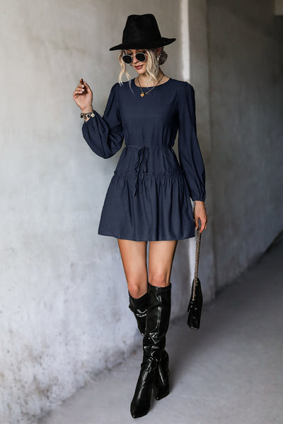 Frill Trim Tie Waist Puff Sleeve Mini Dress - SHE BADDY© ONLINE WOMEN FASHION & CLOTHING STORE