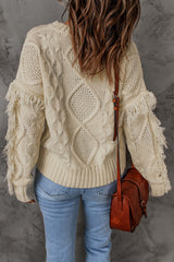 Cable-Knit Fringe Trim Sweater - SHE BADDY© ONLINE WOMEN FASHION & CLOTHING STORE