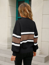 Striped Quarter-Zip Lantern Sleeve Sweater - SHE BADDY© ONLINE WOMEN FASHION & CLOTHING STORE