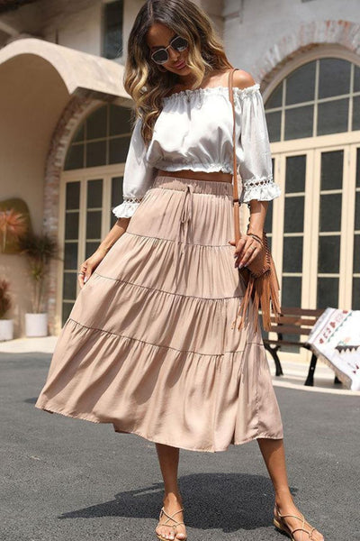 Elastic Waist Tiered Midi Skirt - SHE BADDY© ONLINE WOMEN FASHION & CLOTHING STORE