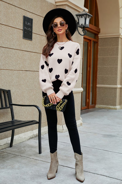 Heart Pattern Lantern Sleeve Round Neck Tunic Sweater - SHE BADDY© ONLINE WOMEN FASHION & CLOTHING STORE