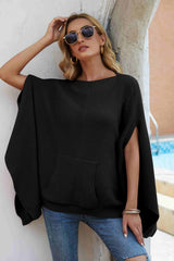 Waffle-Knit Cloak Sleeve Pocket Sweater - SHE BADDY© ONLINE WOMEN FASHION & CLOTHING STORE