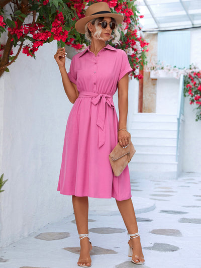 Cuffed Short Sleeve Belted Shirt Dress - SHE BADDY© ONLINE WOMEN FASHION & CLOTHING STORE