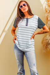 Striped Short Sleeve Henley T-Shirt - SHE BADDY© ONLINE WOMEN FASHION & CLOTHING STORE