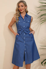 Button Front Belted Sleeveless Collared Shirt Dress - SHE BADDY© ONLINE WOMEN FASHION & CLOTHING STORE