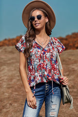 Floral Flutter Sleeve Tie-Neck Blouse - SHE BADDY© ONLINE WOMEN FASHION & CLOTHING STORE
