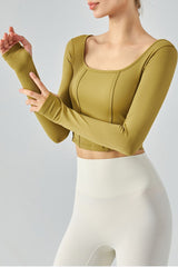 Seam Detail Thumbhole Sleeve Cropped Sports Top - SHE BADDY© ONLINE WOMEN FASHION & CLOTHING STORE