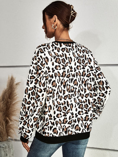 Leopard Round Neck Dropped Shoulder Sweatshirt - SHE BADDY© ONLINE WOMEN FASHION & CLOTHING STORE