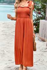 Frill Trim Tie Shoulder Wide Leg Jumpsuit with Pockets - SHE BADDY© ONLINE WOMEN FASHION & CLOTHING STORE