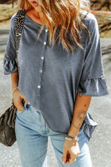 Button Front Flounce Sleeve Tee - SHE BADDY© ONLINE WOMEN FASHION & CLOTHING STORE