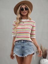 Striped Openwork Half Sleeve Knit Top - SHE BADDY© ONLINE WOMEN FASHION & CLOTHING STORE