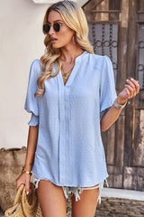 Textured Notched Neck Puff Sleeve Blouse - SHE BADDY© ONLINE WOMEN FASHION & CLOTHING STORE