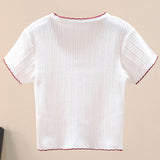 Contrast Decorative Button Short Sleeve Knit Top - SHE BADDY© ONLINE WOMEN FASHION & CLOTHING STORE