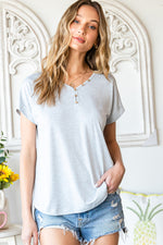Buttoned V-Neck Tee - SHE BADDY© ONLINE WOMEN FASHION & CLOTHING STORE