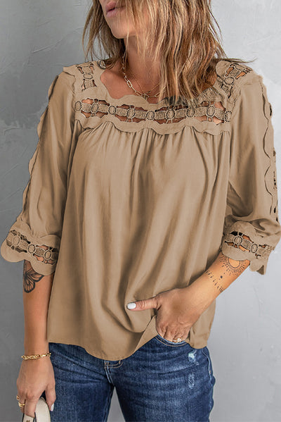 Crochet Openwork Three-Quarter Sleeve Blouse - SHE BADDY© ONLINE WOMEN FASHION & CLOTHING STORE