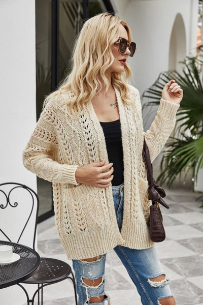 Ribbed Trim Openwork Open Front Cardigan - SHE BADDY© ONLINE WOMEN FASHION & CLOTHING STORE