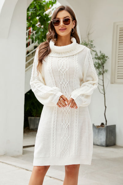 Mixed Knit Turtleneck Lantern Sleeve Sweater Dress - SHE BADDY© ONLINE WOMEN FASHION & CLOTHING STORE