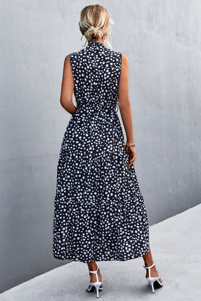 Printed Mock Neck Sleeveless Belted Tiered Dress - SHE BADDY© ONLINE WOMEN FASHION & CLOTHING STORE