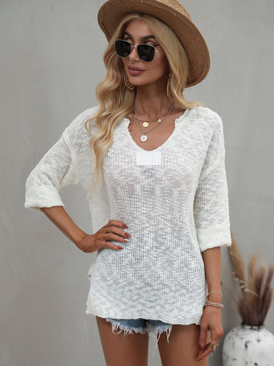 Notched Side Slit Drop Shoulder Sweater - SHE BADDY© ONLINE WOMEN FASHION & CLOTHING STORE