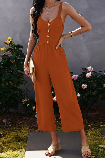 Decorative Button Wide Leg Cropped Jumpsuit - SHE BADDY© ONLINE WOMEN FASHION & CLOTHING STORE