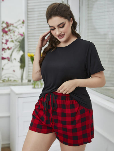 Plus Size Round Neck Tee Shirt and Plaid Shorts Lounge Set - SHE BADDY© ONLINE WOMEN FASHION & CLOTHING STORE