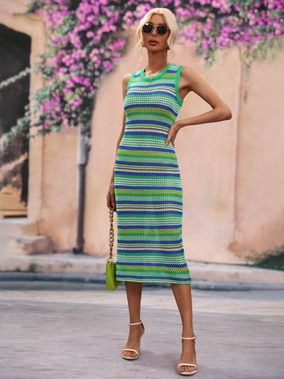 Striped Round Neck Sleeveless Midi Cover Up Dress - SHE BADDY© ONLINE WOMEN FASHION & CLOTHING STORE