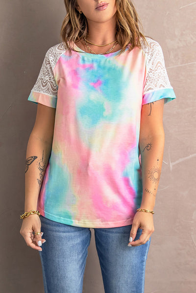 Tie-Dye Spliced Lace Raglan Sleeve Tee - SHE BADDY© ONLINE WOMEN FASHION & CLOTHING STORE