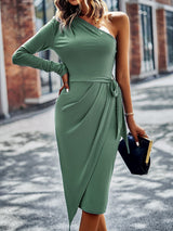 One-Shoulder Pleated Detail Belted Dress - SHE BADDY© ONLINE WOMEN FASHION & CLOTHING STORE